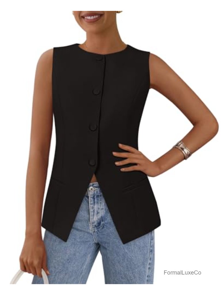 Sleeveless Button Down Vest With Jetted Pockets For Business Casual